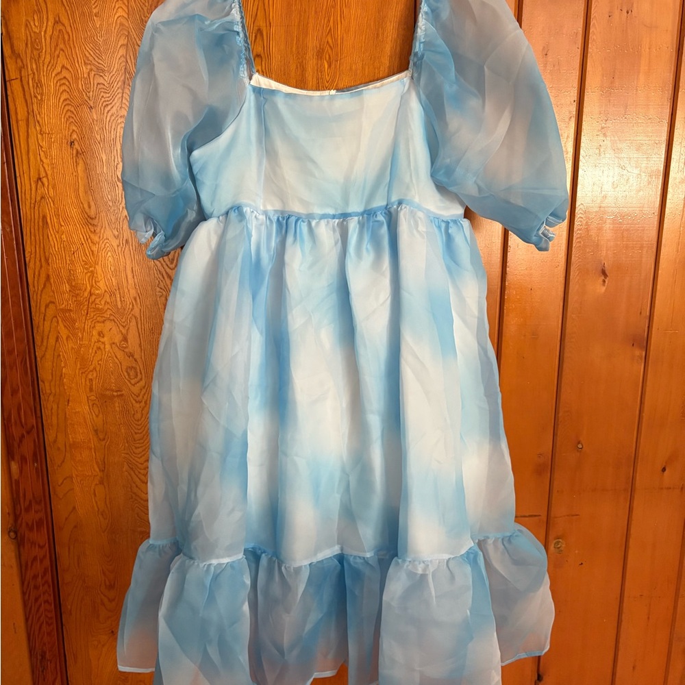 Blue Sheer Puff Sleeve Dress